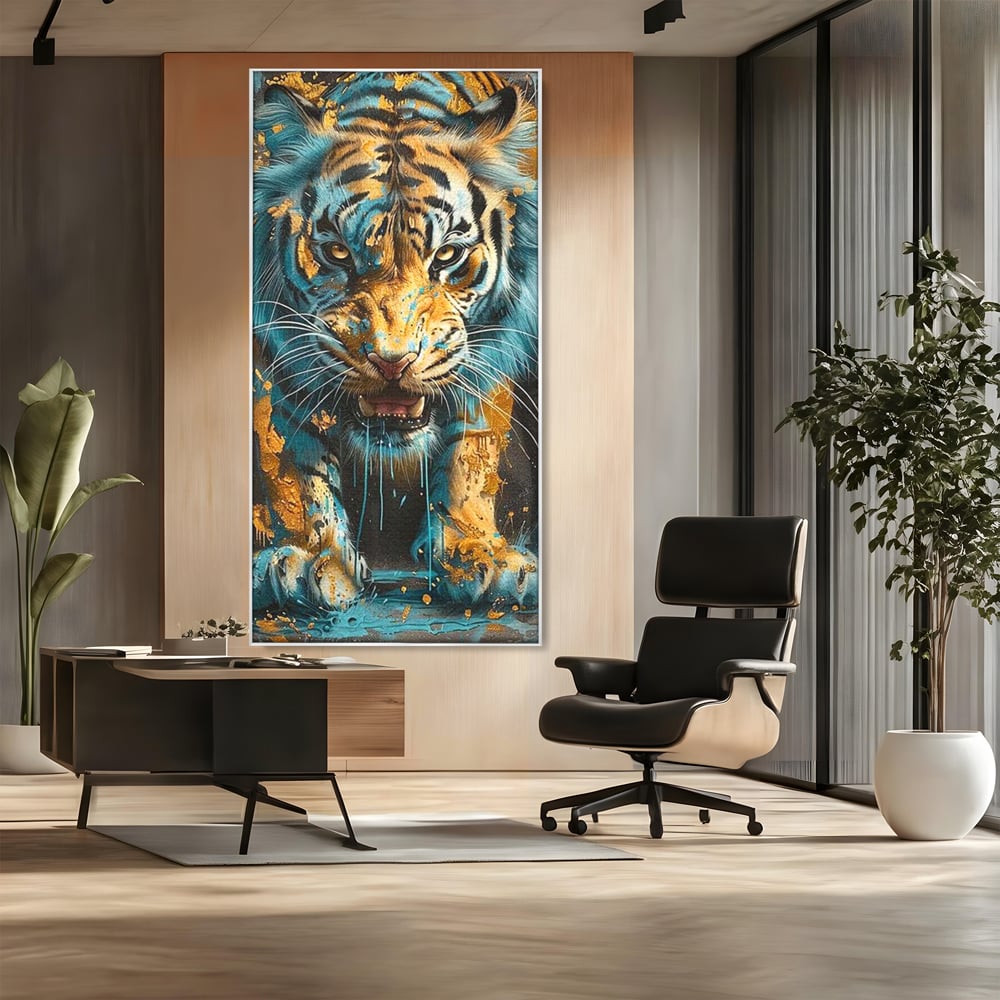 Tablou canvas cu tablou canvas cu tigru furios, in rama de aluminiu argintiu, pe perete intr-un birou